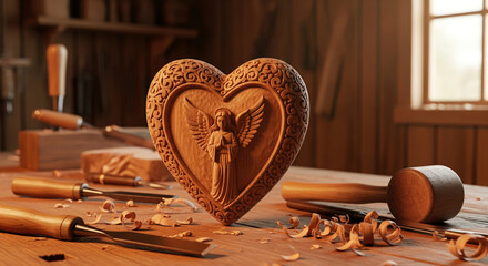 Handcrafted wooden heart with carved angel on carpenter workbench. Concept of artisan woodworking and spiritual craftsmanship.