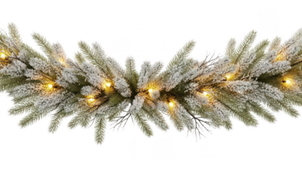 Christmas garland with frosted pine branches and glowing lights isolated on transparent background