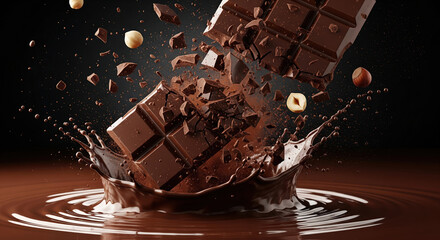 Dark chocolate bar breaking and splashing into liquid chocolate with falling hazelnuts on black background.