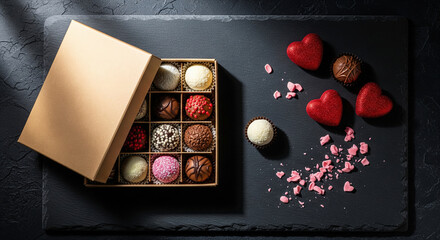 Open box of gourmet chocolate truffles and red hearts on dark stone. Top view of romantic food gift and sweets.