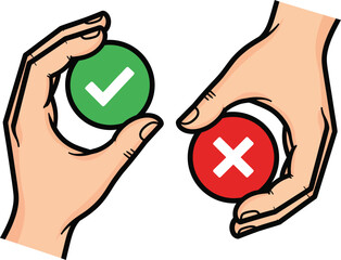 Two illustrated hands holding green checkmark and red cross buttons for decision making.