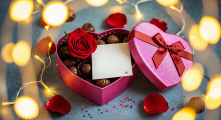 Open heart shaped box filled with assorted chocolates and a red rose with blank card and bokeh lights.