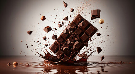 Milk chocolate bar shattering with pieces and hazelnuts falling into a chocolate splash on grey background.
