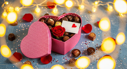 Pink glittery heart box of chocolates with a red rose and heart card surrounded by festive bokeh lights.