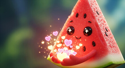 Adorable watermelon character holding glowing magic hearts. Cute fruit illustration with large eyes and stars on a soft natural background.