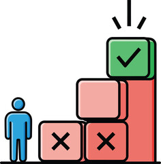 Vector icon of a person facing steps of progress from red X failures to a green checkmark goal.