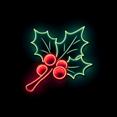 Minimal Neon Holly Leaves with Berries Icon
