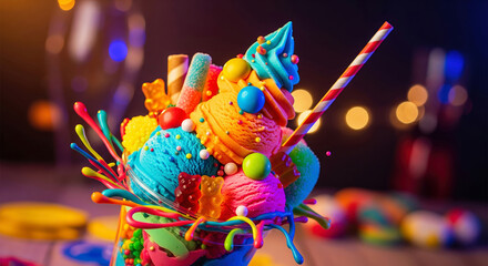 Rainbow ice cream sundae with colorful scoops and candy toppings including gummy bears and lollipops.