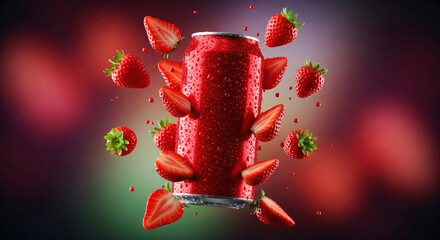 Red aluminum can surrounded by floating strawberry slices and water droplets. Refreshing fruit drink concept on a colorful blurred background.