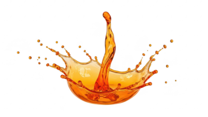 Splash of orange liquid on transparent background with droplets
