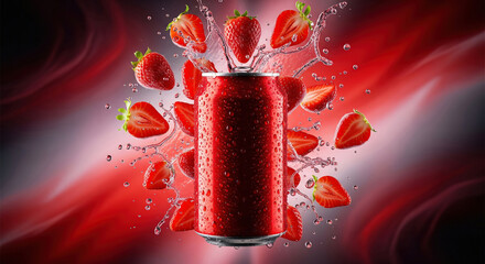 Red beverage can with strawberry splash and flying fruit slices on a dynamic background. Refreshing berry soda or energy drink concept.