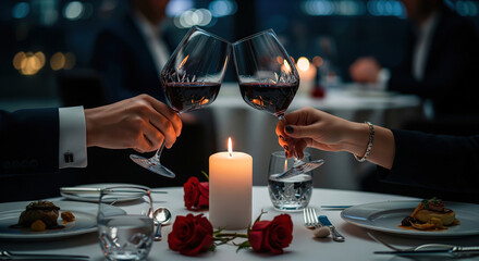 Couple toasting with red wine at a romantic candlelit dinner at night. Close up of hands with roses and gourmet food on table.
