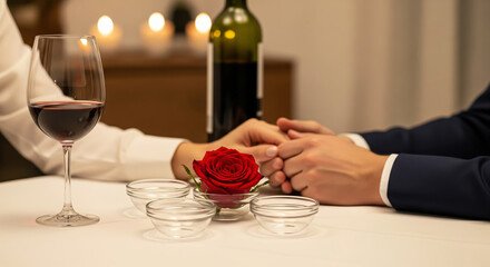 Close up of couple holding hands on a white table with red wine and a red rose. Concept of love, intimacy, and romantic relationship.