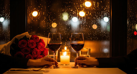 Red wine glasses and a bouquet of red roses by a rainy window at night with candles. Romantic evening atmosphere indoors.