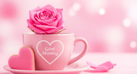 Pink rose in a cup with Good Morning message and heart cookie on a soft pink background. Romantic gift and morning greeting.