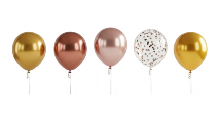 Five metallic balloons in various colors and patterns on sticks isolated on transparent background