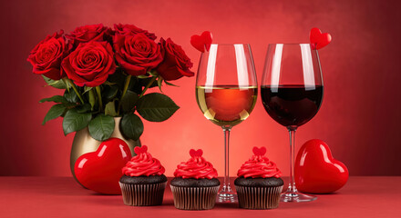 Valentine's Day celebration with cupcakes, wine glasses, and red roses in gold vase. Romantic dessert setup with chocolate and hearts.