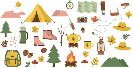 Camping gear and outdoor equipment illustrations for adventure and travel