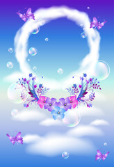 Cloud circle with flying butterflies and soap bubbles. Round frame of clouds in a blue sky and flowers.
