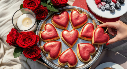 Heart shaped cookies with red metallic icing on silver tray with roses and candle. Close up of woman hand taking Valentine's Day dessert at romantic picnic.
