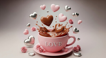 Chocolate heart splashing into pink mug with love text surrounded by floating roses and hearts. Concept of romantic cocoa or hot chocolate.
