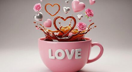 Pink mug with love text and coffee splash forming hearts and roses. Creative 3d concept of romantic morning energy and drink.