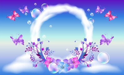 Cloud circle with flying butterflies and soap bubbles. Round frame of clouds in a blue sky and flowers.
