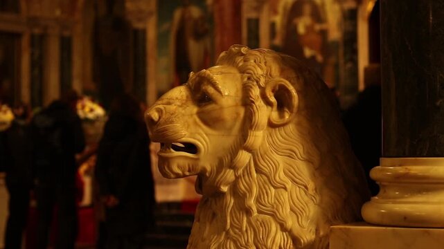 Sofia, Bulgaria - December 29, 2025: Marble sculpture of a lion in the cathedral. Cathedral of St. Alexander Nevsky. Interior decoration of the Orthodox cathedral, elements. Decor. Sculpture of a lion