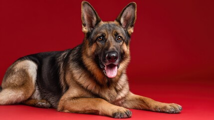 Healthy German Shepherd with alert expression on vibrant red background in studio setting