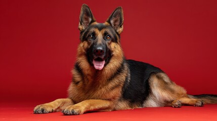 Healthy German Shepherd poses beautifully on vibrant red background in studio portrait