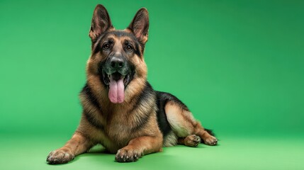 Healthy German Shepherd lying happily on a bright green background in studio portrait