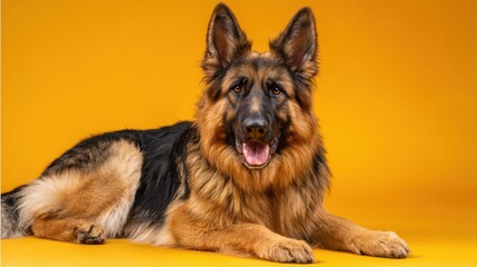 Healthy German Shepherd in vibrant studio portrait with friendly expression and copy space