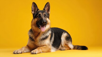 Charming studio portrait of a friendly German Shepherd on a bright yellow background