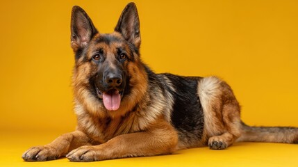 Alert healthy German Shepherd on a vibrant yellow background in a studio portrait