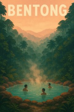 Three people soak in a steamy hot spring surrounded by lush tropical rainforest and layered misty hills at sunrise in Bentong Malaysia