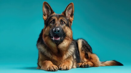 Healthy German Shepherd lying in a studio portrait with a vibrant turquoise background