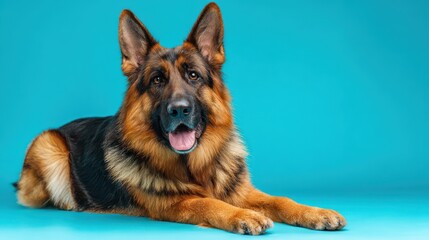 Healthy German Shepherd with alert expression on bright turquoise backdrop