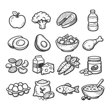 Hand-drawn healthy food icons featuring fruits, vegetables, protein, and dairy items.