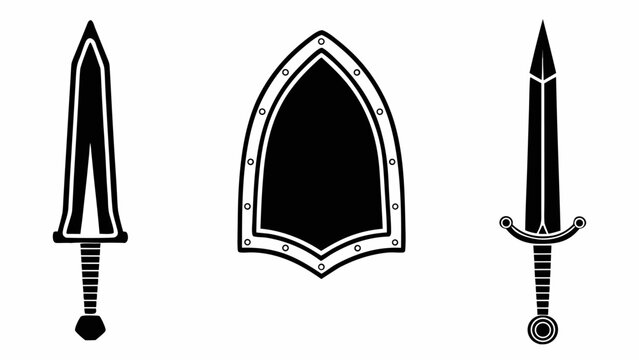 Medieval sword and shield icons in black silhouette style