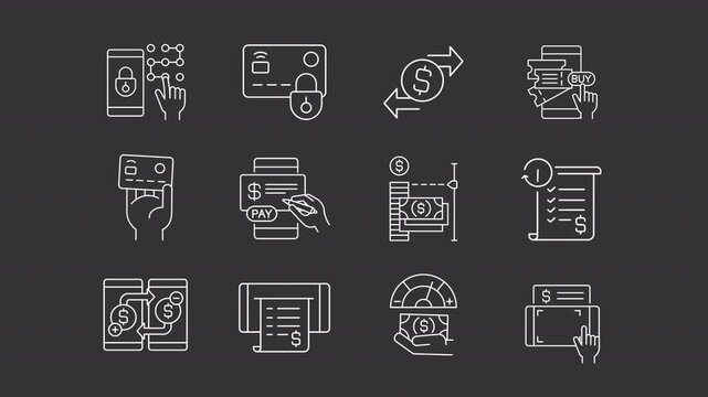 Mobile banking animation set. Payment methods animated white line icons. Card transactions, money transfers. Financial management. Isolated elements on dark background. Alpha channel HD video
