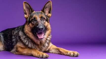 Healthy German Shepherd lying on purple background with vibrant, alert expression