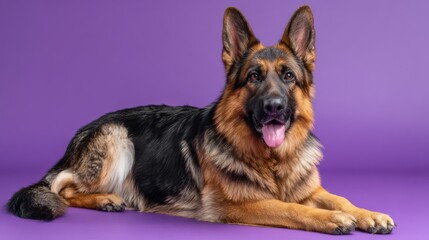 Healthy German Shepherd dog with an alert expression posing against a vibrant purple backdrop