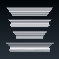 White wall baseboards set isolated on background. Vector realistic illustration of cornice molding design, wooden plinth samples for interior or building facade decoration, decorative skirting panel © klyaksun