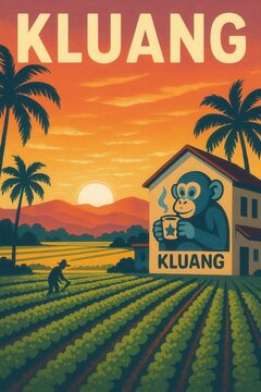 A farmer tends to crops in Kluang at sunrise with a cartoon monkey coffee mascot painted on a building, framed by fields, palms, and distant hills
