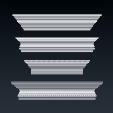 White wall baseboards set isolated on background. Vector realistic illustration of cornice molding design, wooden plinth samples for interior or building facade decoration, decorative skirting panel