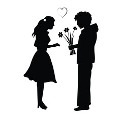 A loving couple silhouette vector for valentine's day. Silhouette of a young couple with flower. Man and woman, couple celebrates a wedding clipart vector illustration.