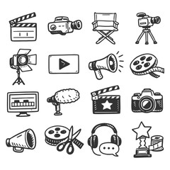 Hand-drawn cinema equipment icons: camera, clapperboard, megaphone, director's chair.