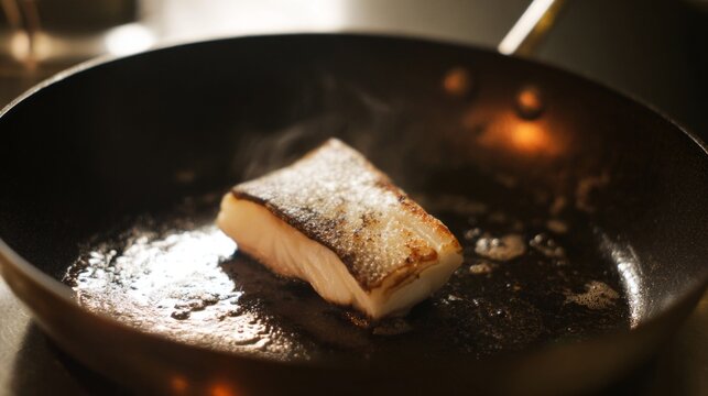A portion of sea bass sizzles alluringly in a heated pan, releasing a fragrant steam. The setting is lively, capturing the essence of culinary art in the heart of a vibrant kitchen