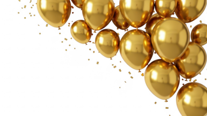 Cluster of golden balloons floating on transparent background isolated on white