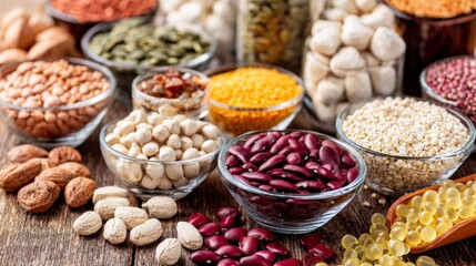 Fototapeta premium Assortment of dry legumes, seeds and grains in bowls on market display for healthy vegetarian diet